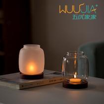 Glass candlestick ornaments high-end simple windproof cover Chinese retro Zen small candle pedestal aromatherapy home decoration