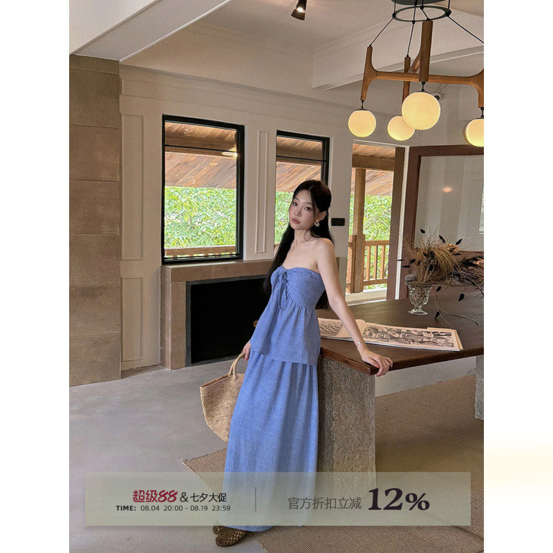 Rosybow French Resort Style Tube Top Suit Skirt for Women Summer New Sleeveless Top and Skirt Two-Piece Set