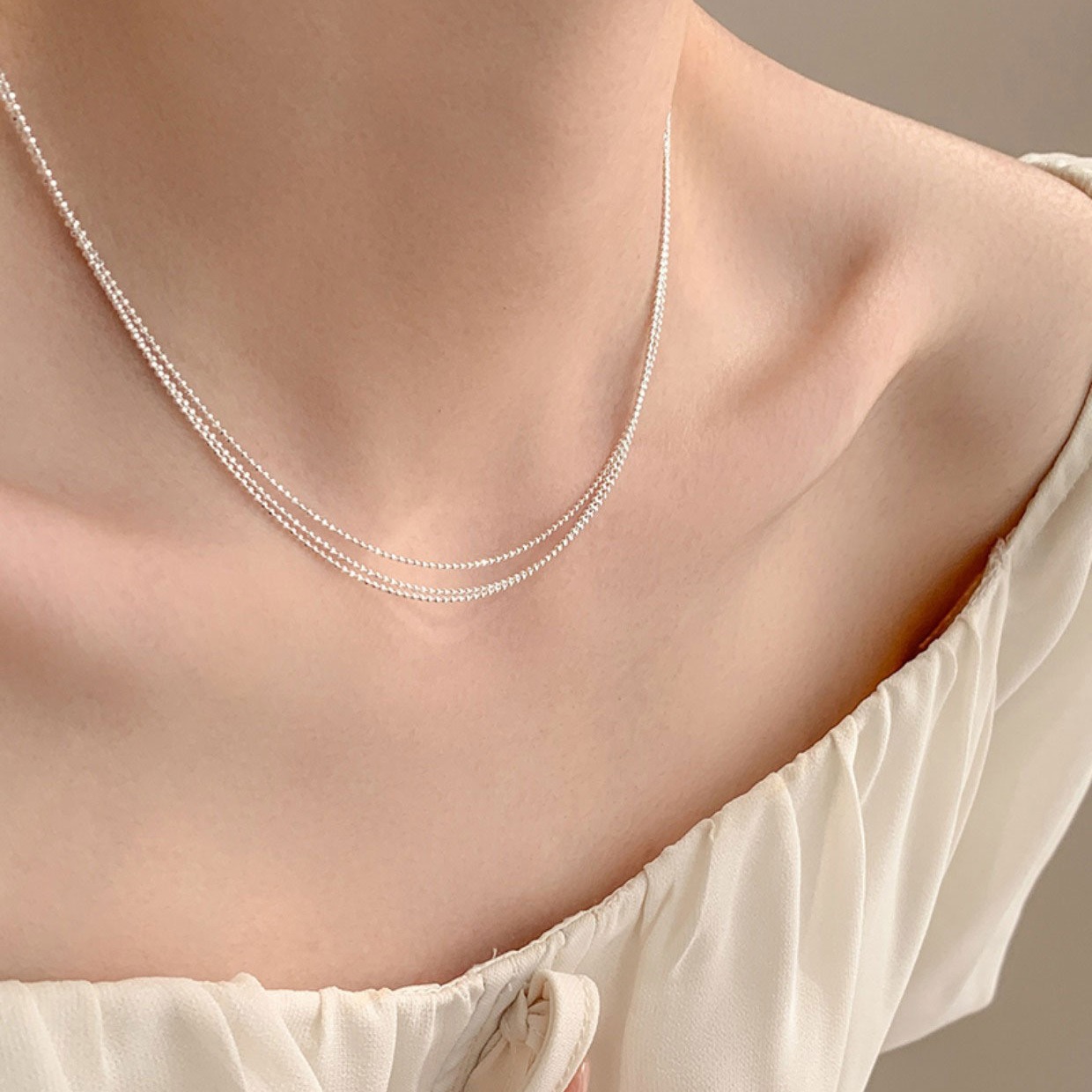 S925纯银波光粼粼三层叠戴项链女法式小众轻奢百搭锁骨链超闪项饰
