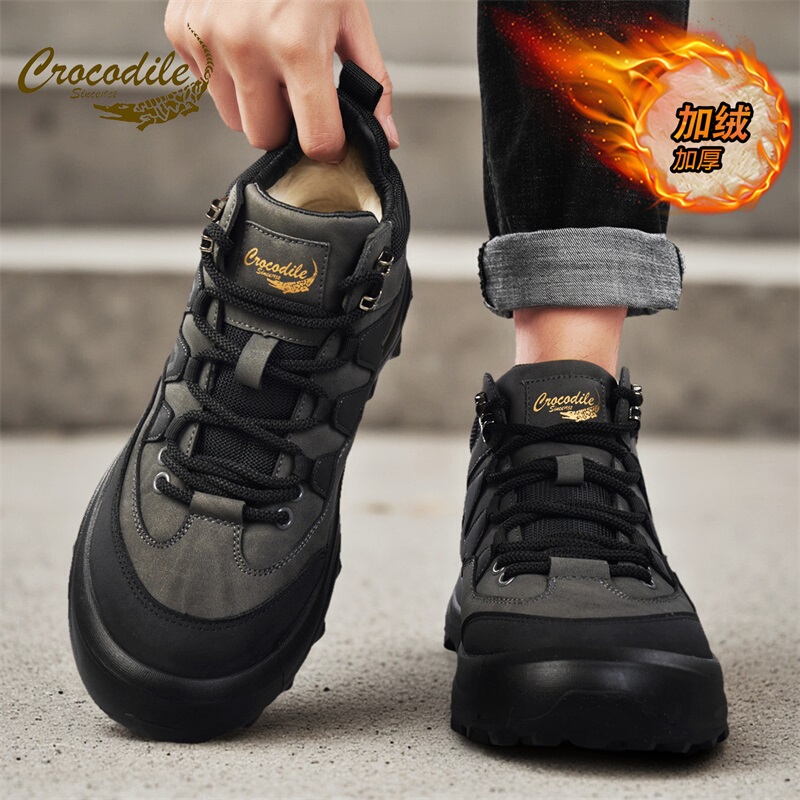Crocodile-Pattern High-Top Men's Shoes, Thickened, Warm, Fleece-Lined, Thick-Soled, Height-Increasing Cotton Boots, Sports Non-Slip Hiking Work Boots, Martin Boots
