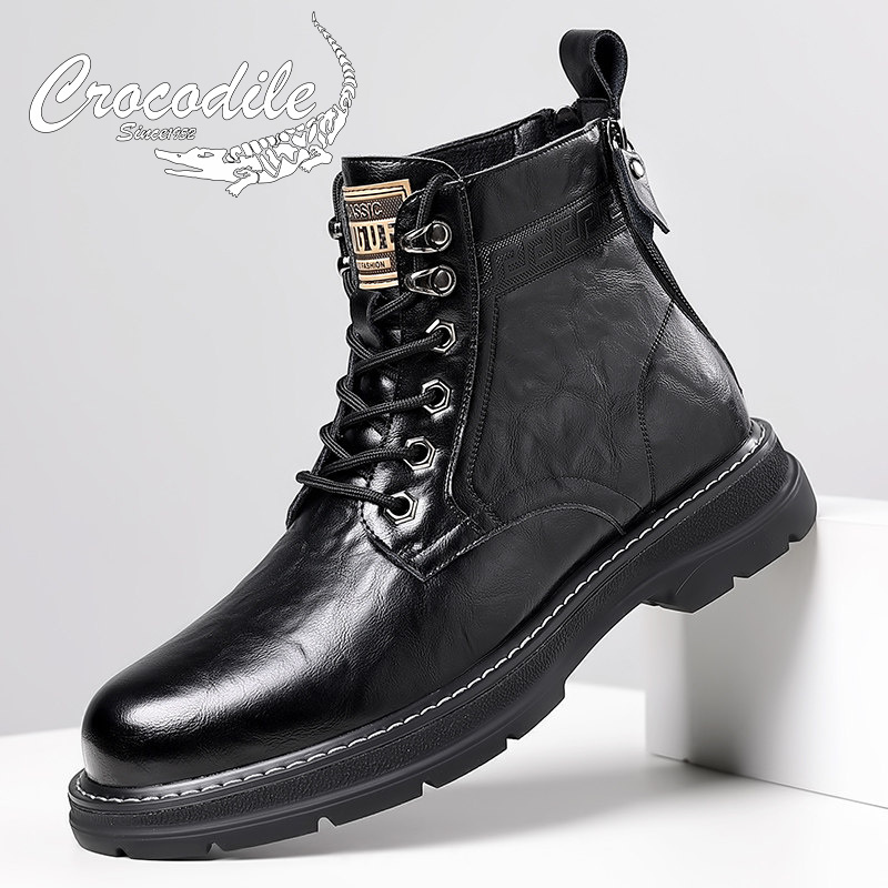 French Crocodile Leather Martin Boots for Men, Autumn High-End Thick-Soled Work Boots, British Style Trendy Versatile Motorcycle Leather Boots