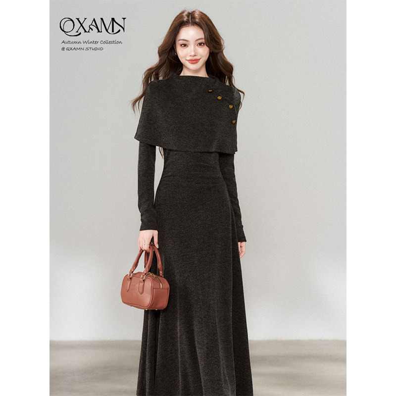 Autumn Xiaoman's Retro-Style Mature Fashion Outfit: Knitted Shawl, Faux Two-Piece Long-Sleeve Dress, Early Autumn New Dress Autumn Xiaoman's Retro-Style Mature Fashion Outfit: Knitted Shawl, Faux Two-Piece Long-Sleeve Dress, Early Autumn New Dress