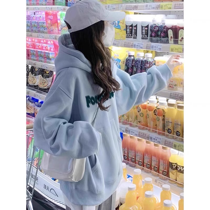 Milk Blue Baby Blue Fufu Lazy Style Loose Hooded Sweatshirt American Retro Spring and Autumn Thin Top for Women