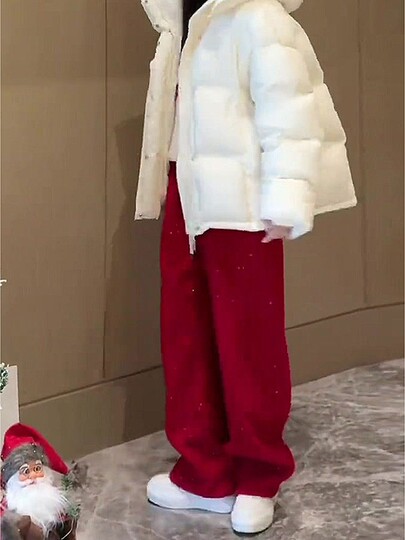 红色直筒巨好看阔腿裤新款宽松秋冬季休闲卫裤加绒裤子女细闪2025