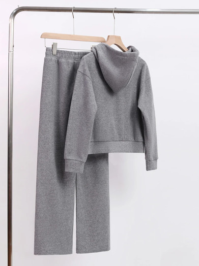 Комплект из двух предметов: новая модная толстовка с двусторонней молнией, спортивный костюм с капюшоном в стиле «ленивый шик», повседневный осенне-зимний костюм для женщин