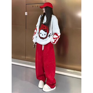Shimmering Casual New Red Sweatpants, Loose Wide-Leg Pants, Fleece-Lined Pants for Women, 2025 Straight-Leg, Autumn and Winter, Very Stylish