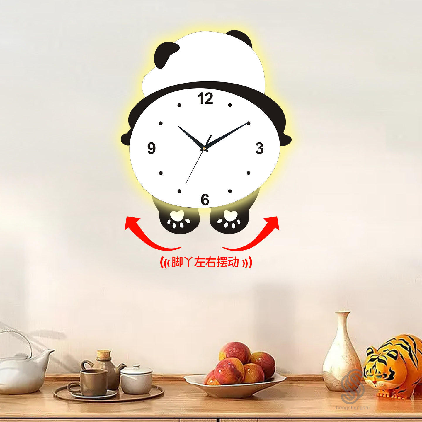 Trendy Panda Swinging Luminous Clock Wall Clock for Living Room 2024 Simple Home Wall-Mounted Creative Clock No Drilling Required
