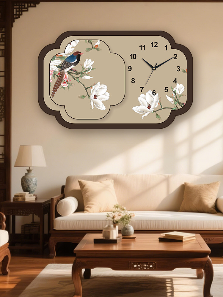 Medieval-Style Restaurant Decorative Painting, High-End Living Room Background Wall Hanging Painting, Retro Flower and Bird Clock, Perpetual Calendar Quartz Clock