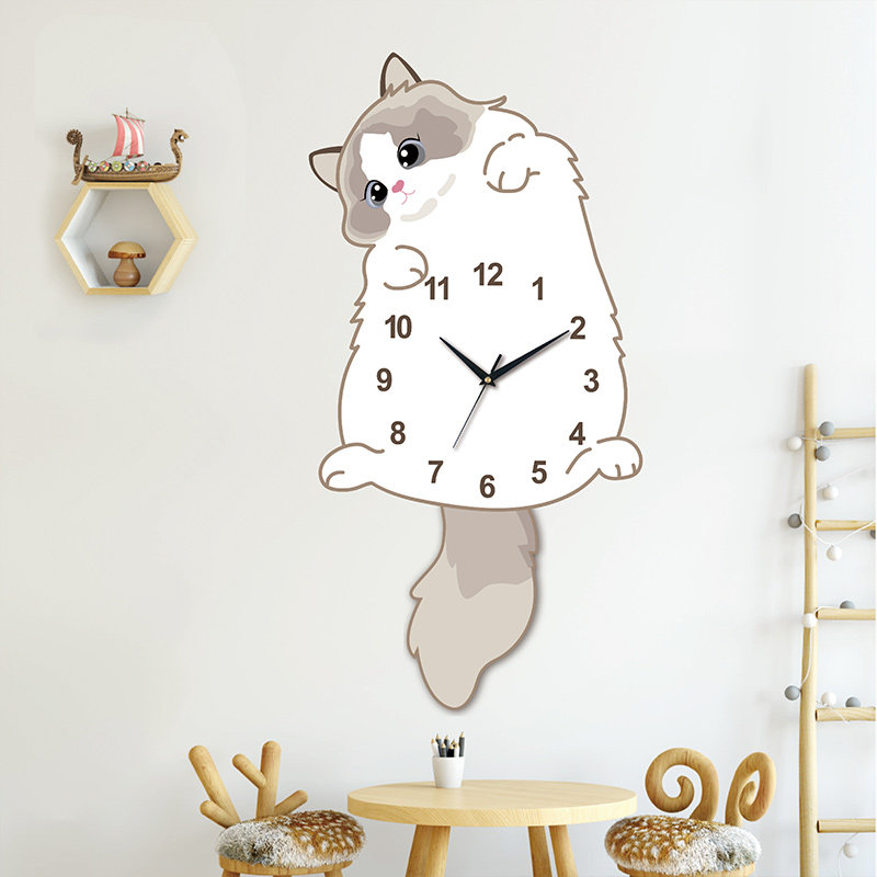 Cute New Ragdoll Cat Simple Swinging Clock Cartoon Living Room Home Decoration Creative Clock Wall-Mounted Silent