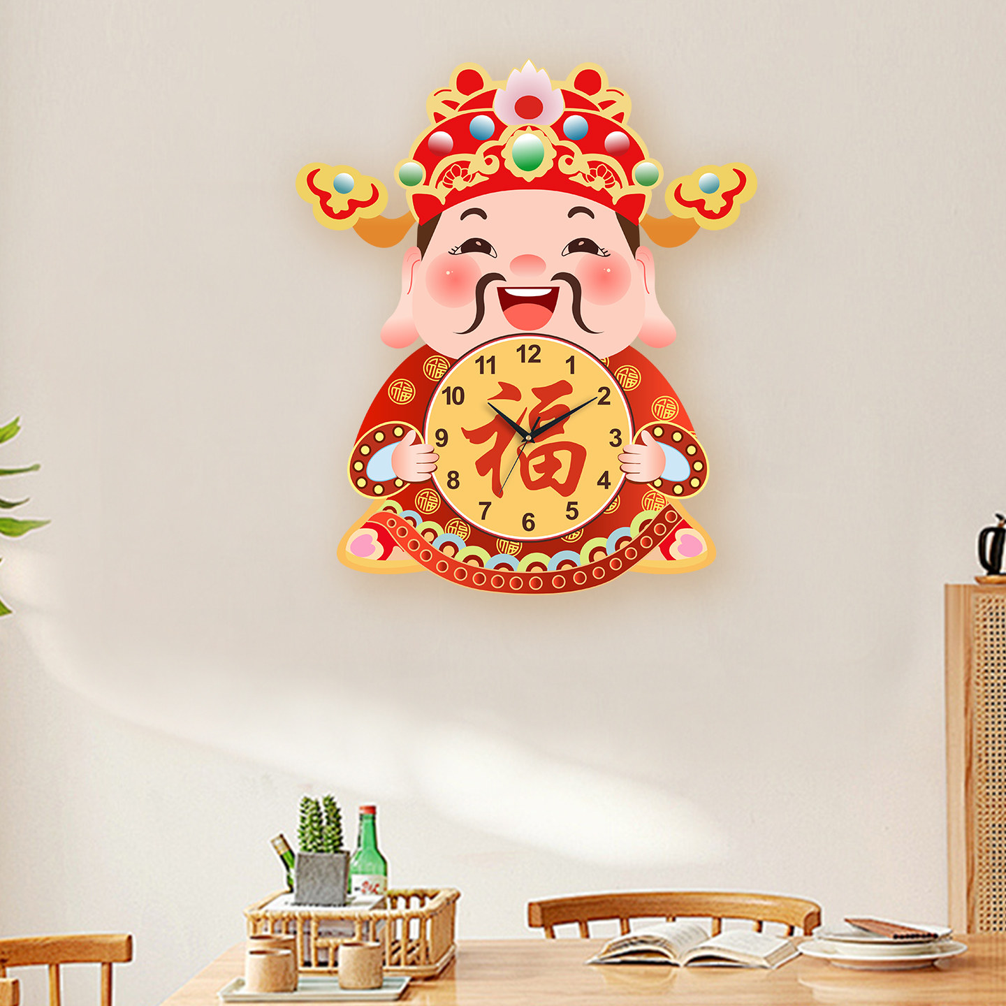 Fortune God Wall Clock for Living Room, New Chinese Style Home Clock, Swinging Clock, Festive Quartz Clock, Creative Housewarming Wall Clock