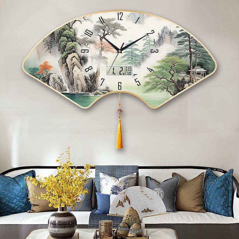 New Chinese-Style Silent Wall Clock for Home Living Room, Quartz Clock for Bedroom, Calendar Clock, Fan-Shaped Creative Clock
