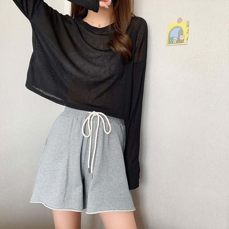 Black Long-Sleeved Sun Protection Clothing, Ice Silk T-Shirt, Loose-Fitting, Slimming, Short Top for Women in Summer, Can Be Worn Outside, Mesh Cover-Up