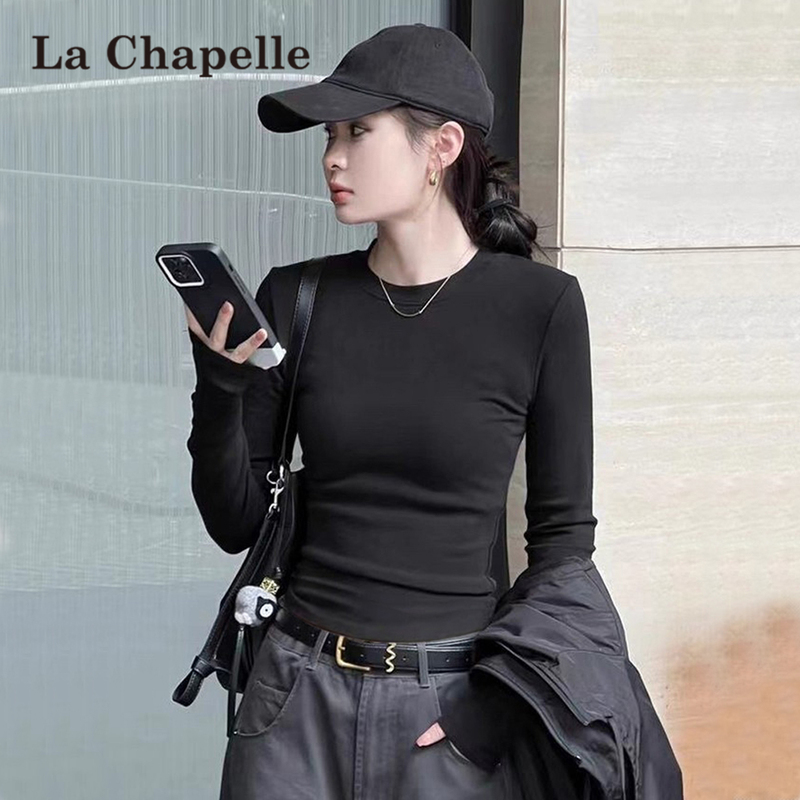 La Chapelle Black Pure Cotton Base Shirt for Women, Autumn and Winter 2026 New T-Shirt, Slim Fit, Long-Sleeved Top