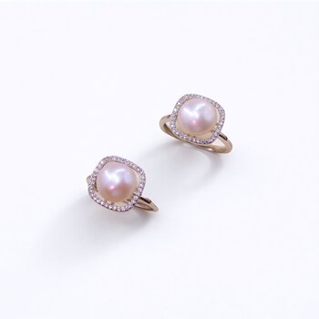 Freshwater pearl open ring 925 silver plated with diamonds