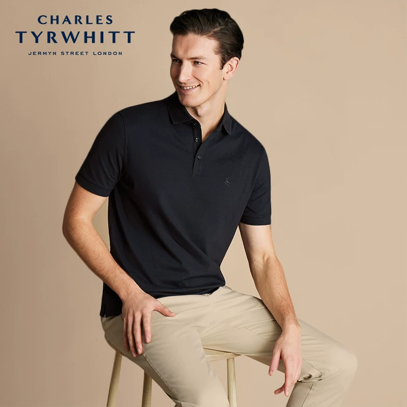 CHARLES TYRWHITT Charlotte тойлбери, черное летнее поло, с вышивкой, с коротким рукавом