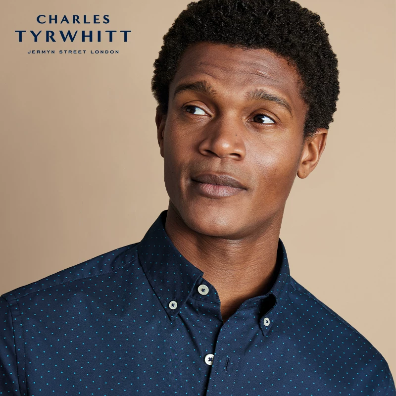 [Brand Welfare Area] рубашка CHARLES TYRWHITT слим-фит, petrol blue в горошек, микроэластичная, без складок