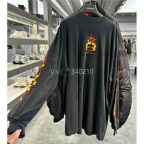 (Qingxin Double Ring Yellow Flame Washed Black Long Sleeve T-shirt