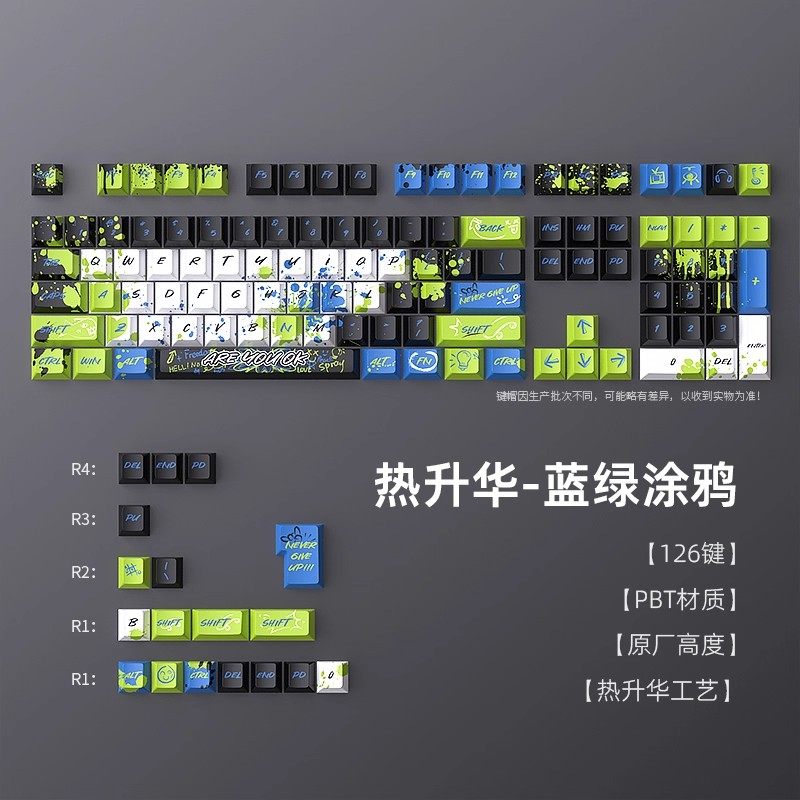Misty Blue-Green Graffiti Keycaps Dye-Sublimation Oem Profile Full Set 126 Keys Pbt Customized