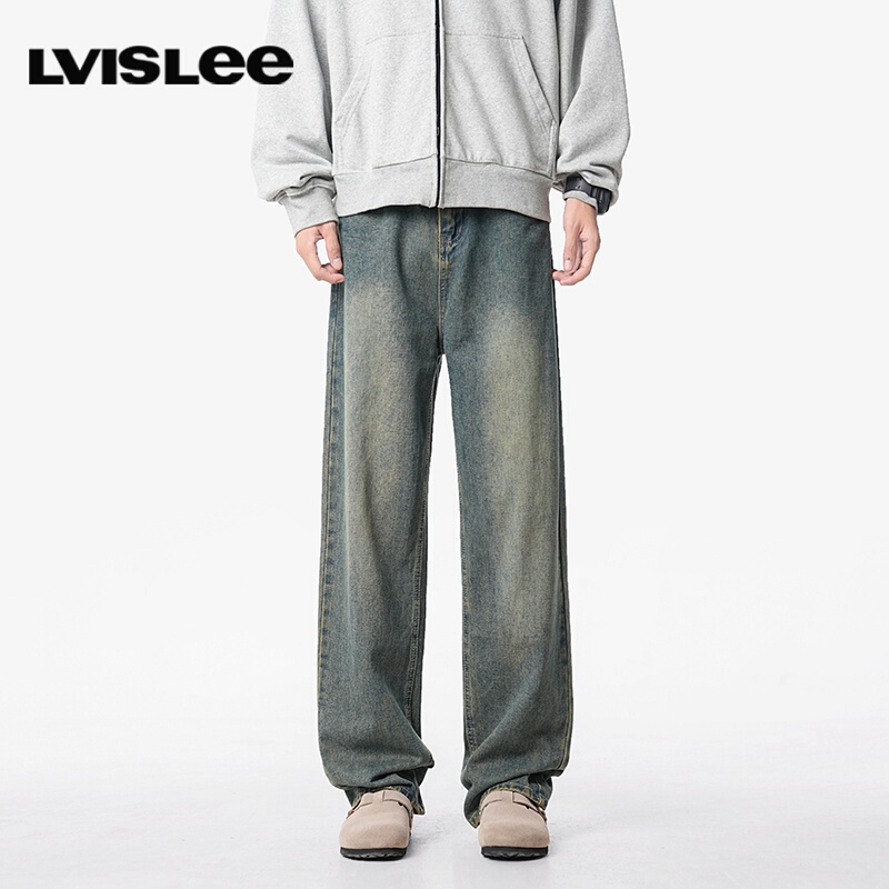 Lvislee Washed Denim Jeans Men's Straight-Leg Pants Spring and Summer Long Pants Loose Casual Pants American Retro Wide-Leg Pants
