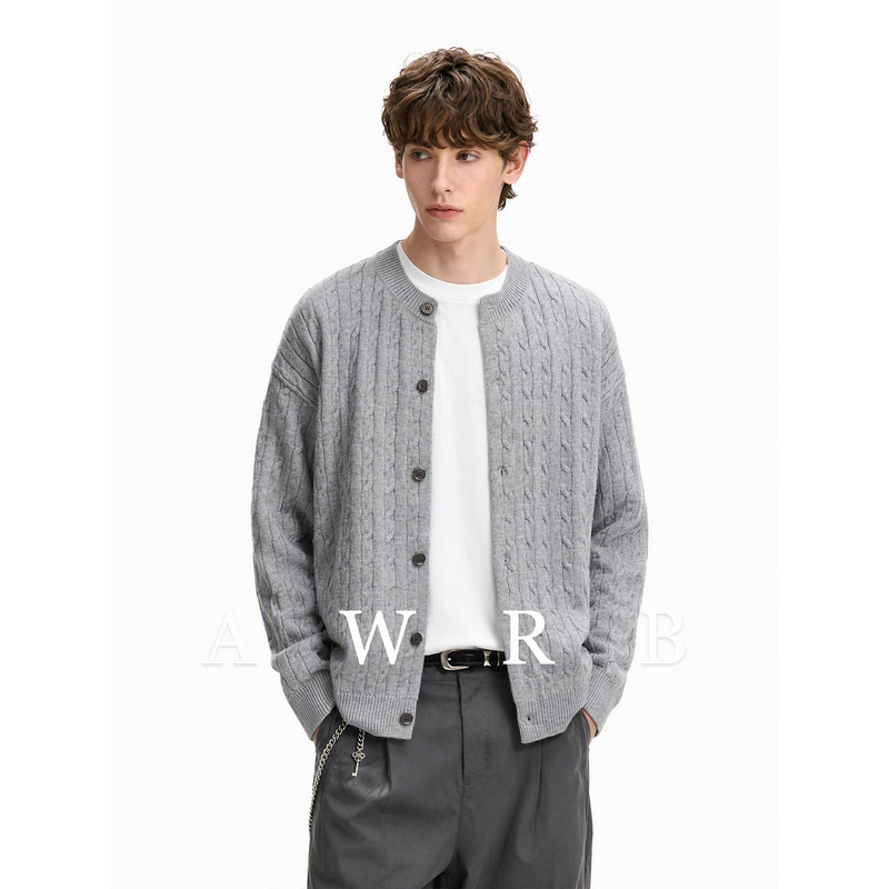 Awrb Twist-Textured Solid Color Cardigan Knitwear, Unisex, Early Autumn Versatile Loose Sweater Jacket