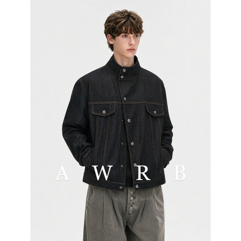 Awrb Old Money Style Retro Raw Denim Asymmetrical Placket Stand Collar Denim Jacket Men's High-End Silhouette Short Jacket