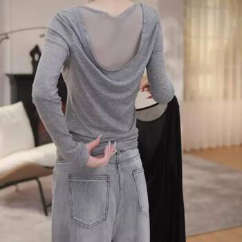 Gray Backless Mesh Patchwork Long-Sleeve T-Shirt for Women 2025 New Style Base Shirt Super Pretty Unique Plus-Size Top