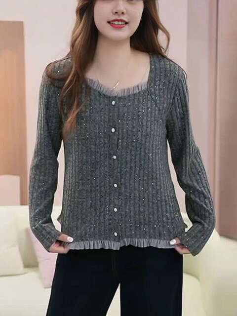 Square Collar Ruffled Fashion Long-Sleeved T-Shirt for Men and Women 2025 Autumn and Winter New Casual Simple Work Clothing Versatile Large Size Top