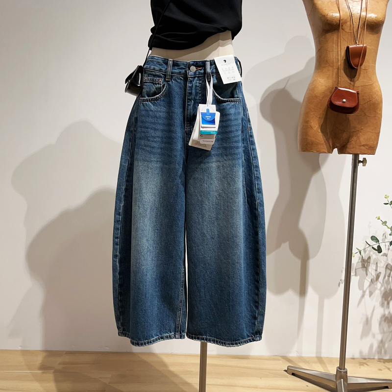 [10 Off for Every 2 Items] Relaxed Fit Denim Scimitar Pants for Women, Spring and Summer, Slimming, Hip-Covering, Loose Wide-Leg Cropped Pants