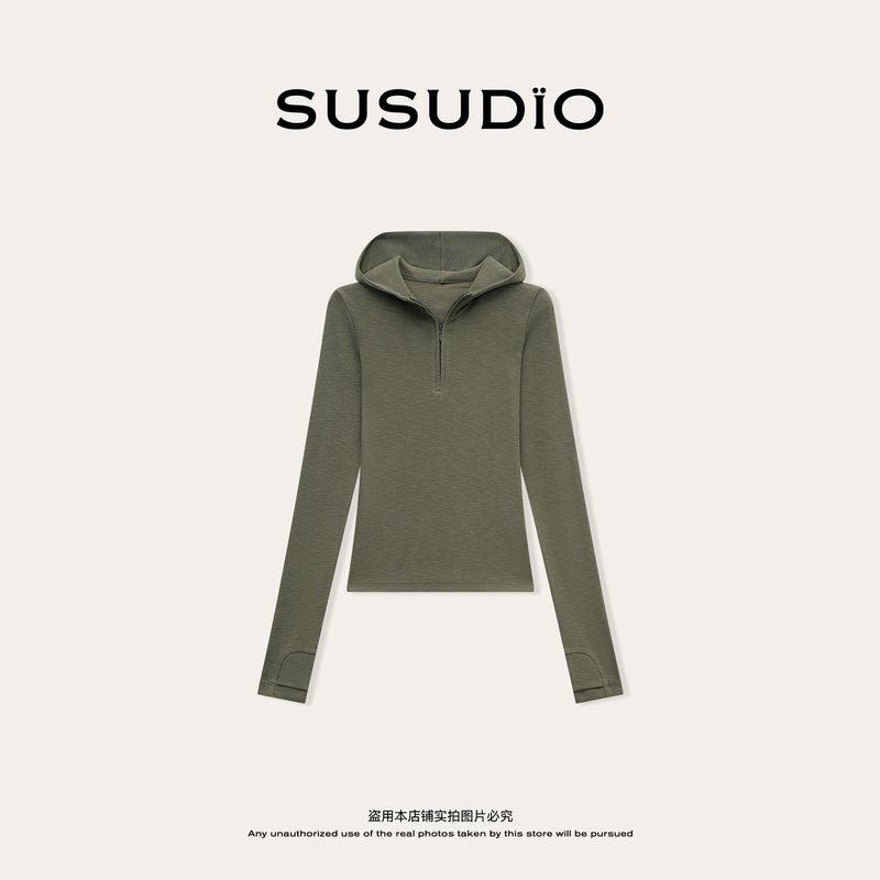 Susudio Autumn and Winter Minimalist Half-Zip High-Elastic Slim-Fit Hooded Breathable Long-Sleeved Hoodie t 2610285