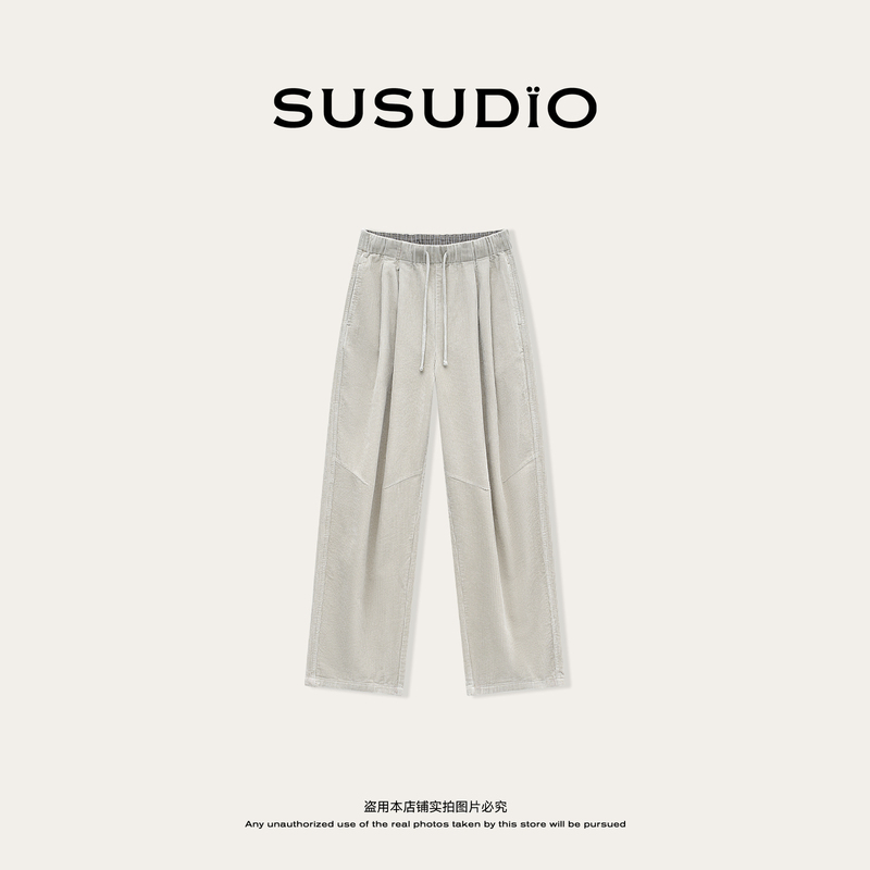 Susudio 100 Cotton Casual Wide-Brimmed Elastic Waist Drawstring Loose Corduroy Casual Pants 2640396