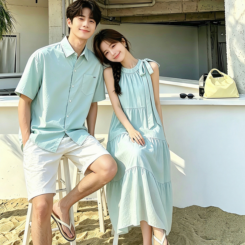 Mint Green Couple Outfits Summer Beach Vacation Style Shirt Dress One Man One Woman Beach Photo Couple Outfits Mint Green Couple Outfits Summer Beach Vacation Style Shirt Dress One Man One Woman Beach Photo Couple Outfits