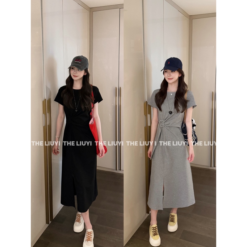【Liuyi】Easy Dress~Summer Casual Round-Neck Short-Sleeve Dress with Side Tie Straps and Slimming Effect 65073