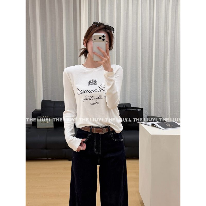 【Liuyi】Fleece-Lined Letter Print Regular Shoulder Long-Sleeve Versatile Crew Neck T-Shirt 6915D4
