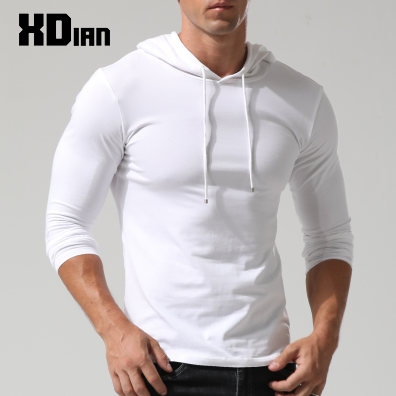 Men's Hooded Base Layer Long-Sleeve T-Shirt, Spring and Autumn Thin Slim-Fit Fitted Hoodie, White Cotton Autumn Shirt