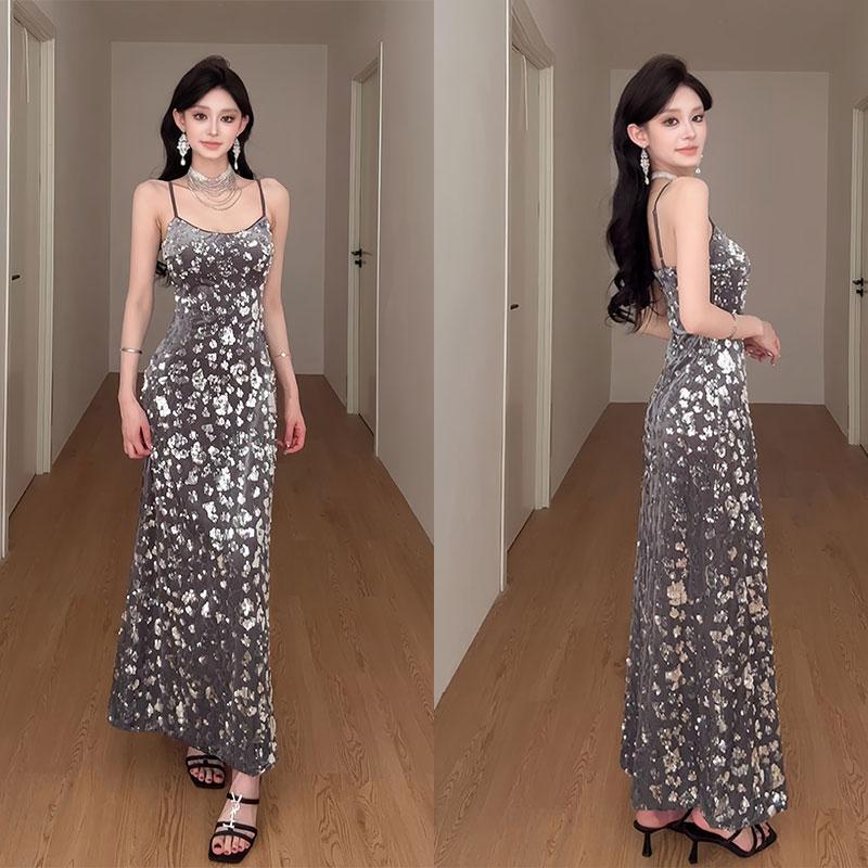 Suerita ins Sexy and Elegant Sequin Light Luxury Texture Hot Girl Slim-Fit Spaghetti Strap Dress Banquet Long Dress
