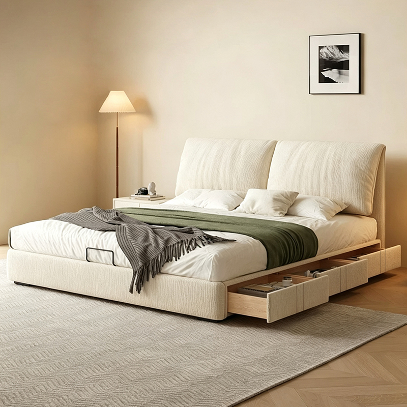 Cream Chenille Fabric Bed, Modern Minimalist Elephant Ear Storage Bed, Master Bedroom Queen Bed, Double Bed Cream Chenille Fabric Bed, Modern Minimalist Elephant Ear Storage Bed, Master Bedroom Queen Bed, Double Bed