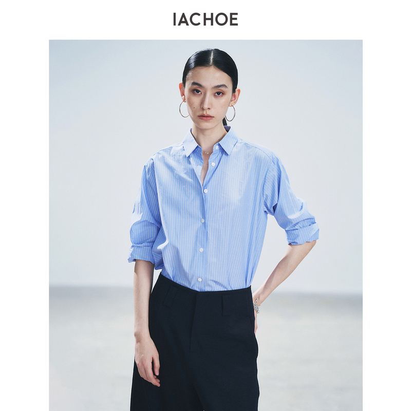 Iachoe Intellectual Style 80S Yarn-Dyed Blue Striped Long-Sleeve Shirt for Women 26 Autumn Long-Staple Cotton Loose Lazy Top