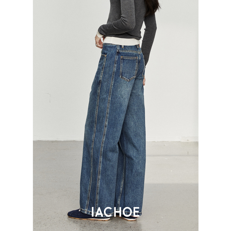 Iachoe Straight-Leg Slimming Retro Supermodel Jeans 26 Spring Design Double-Stitched Wide-Leg Pants
