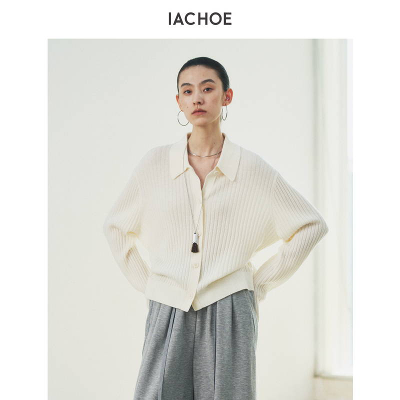 Iachoe Lapel Full Wool Ribbed Texture Knit Cardigan for Women 26 Autumn and Winter Loose Drop Shoulder Polo Collar Sweater