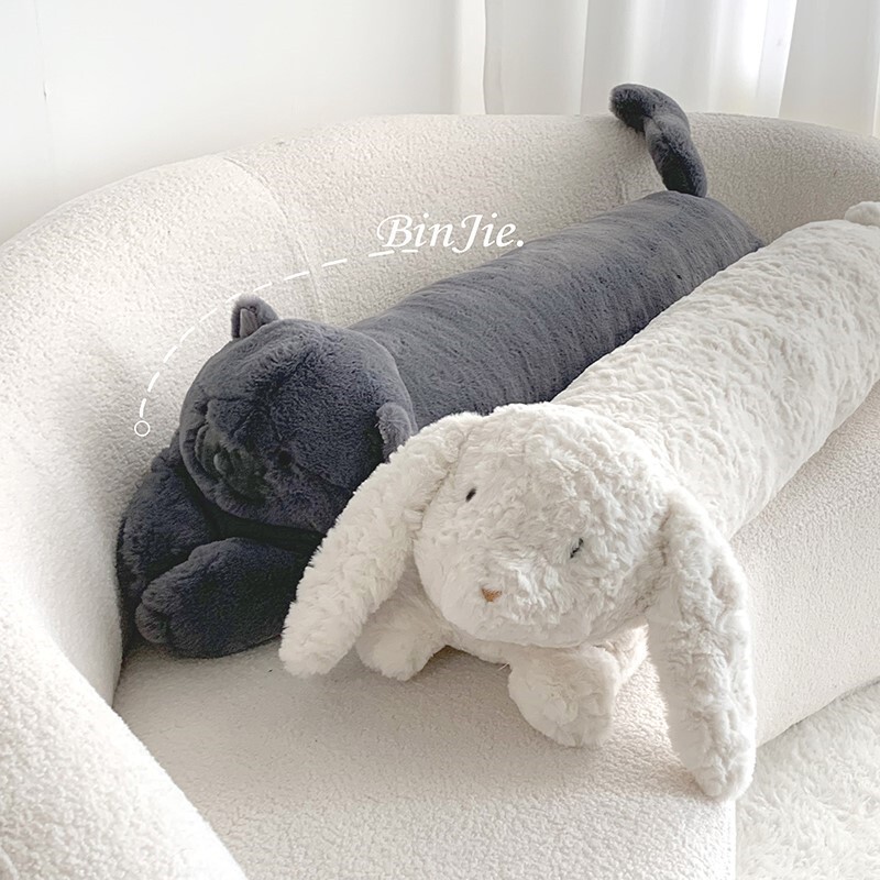 Long Pillow for Girls to Sleep with Blue Cat Doll, Cute Rabbit Legs, Removable and Washable Doll, Plush Sofa Pillow