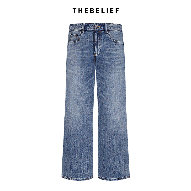 Thebelief Summer Thin American Retro Washed Blue Cotton Commuter Flared Straight-Leg Jeans for Men