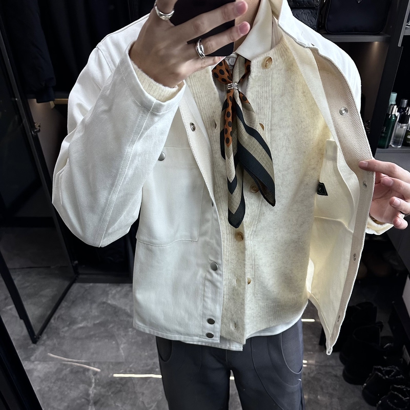 Seconart 006 Evening Half-Collar White Jacket, Fully Overlock Stitched Warp and Weft Interlock Yarn, High-Quality Leem Style