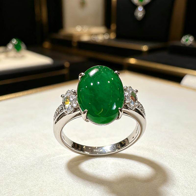 New natural A-grade ice-planted green pigeon egg-shaped ring, simple, light, luxurious and noble style KBR60522002