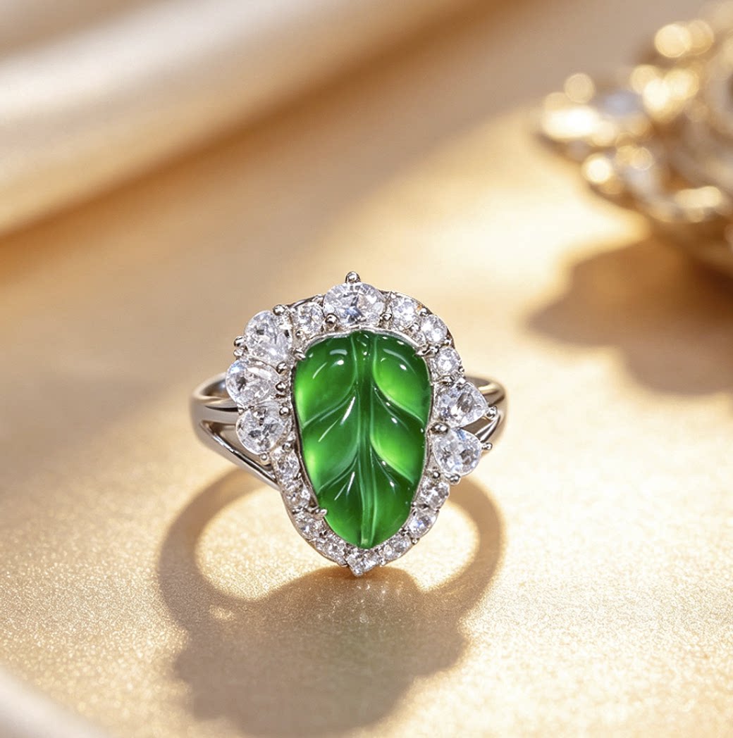 Natural A goods full of green jade leaf ring Daye Youchenghao set light luxury style KBR60321001