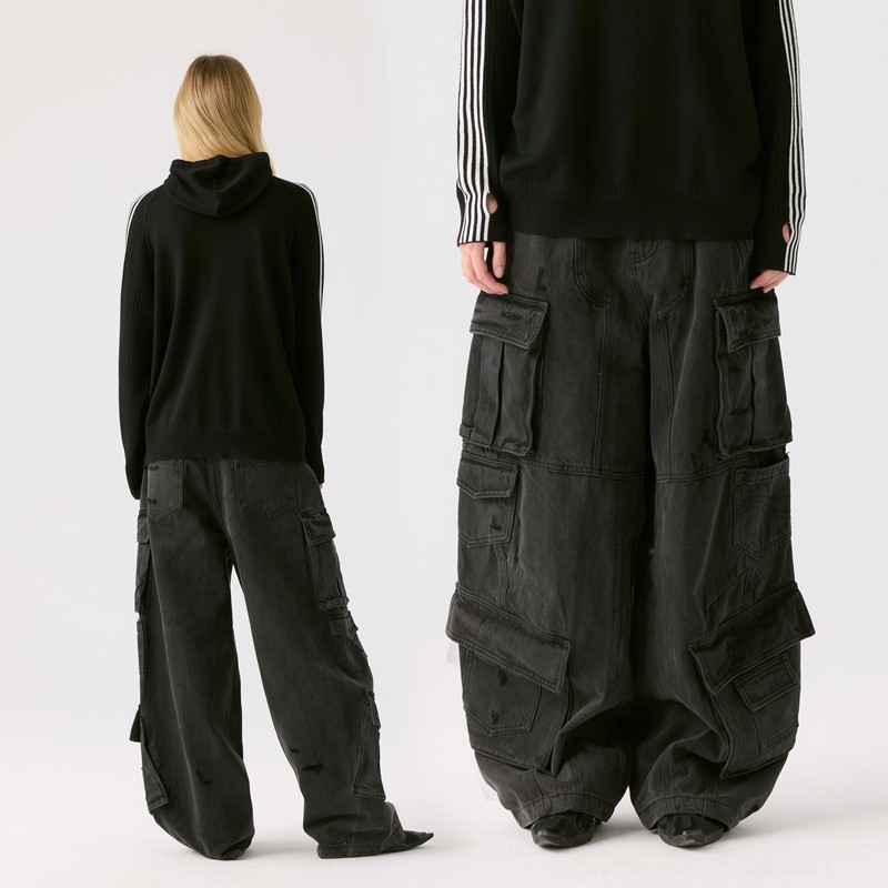 Hahaha Black and Gray Street Style Heavy-Duty Multi-Pocket Washed Pure Cotton Denim Cargo Pants 1652