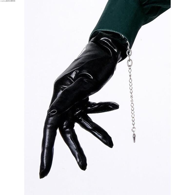 Cosplay Short Patent Leather Gloves for Men, Versatile for Anime/Manga, Stage Use, Black Thin Style, Glossy Leather Gloves