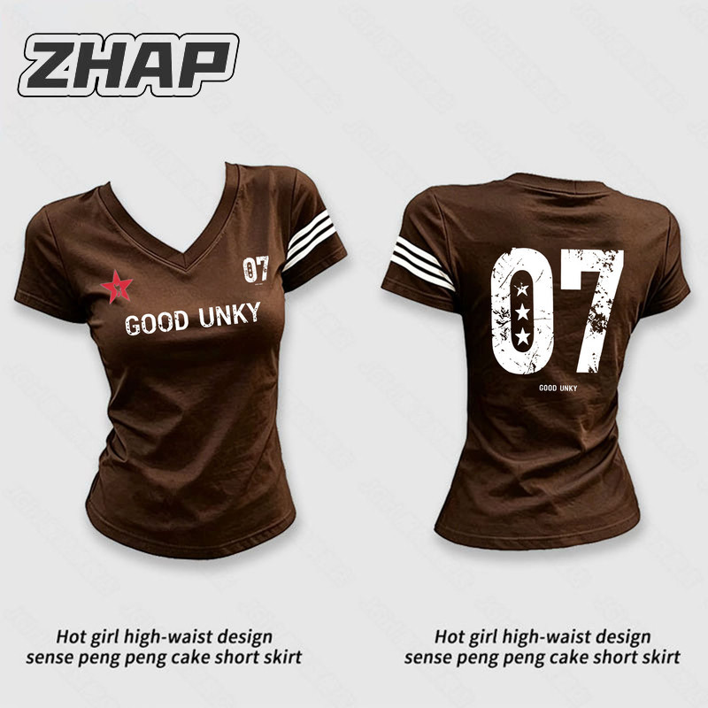 Zhapv Collar, Regular Shoulder, Three-Stripe Short-Sleeve T-Shirt for Women, Coffee Color, Hong Kong Style, Simple Design, High Street, Slimming, Chic Top
