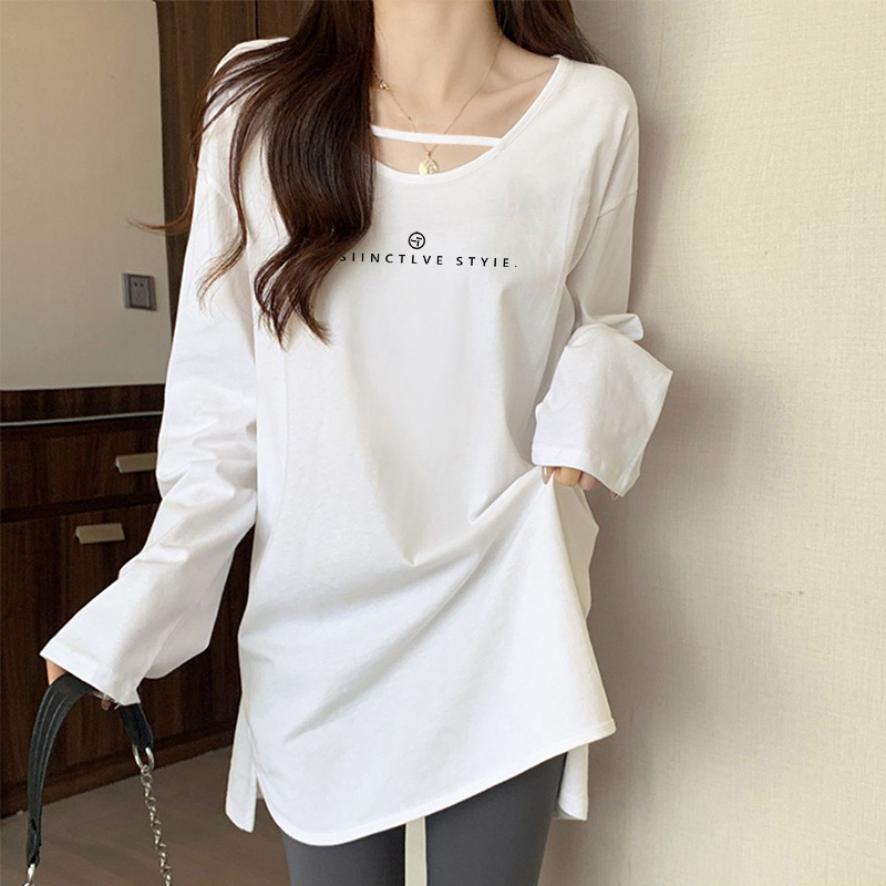 Pure Cotton Design-Inspired V-Neck White Loose Long-Sleeve T-Shirt for Women, Autumn and Winter Long Style, Hip-Covering, Slit Hem Base Shirt Top