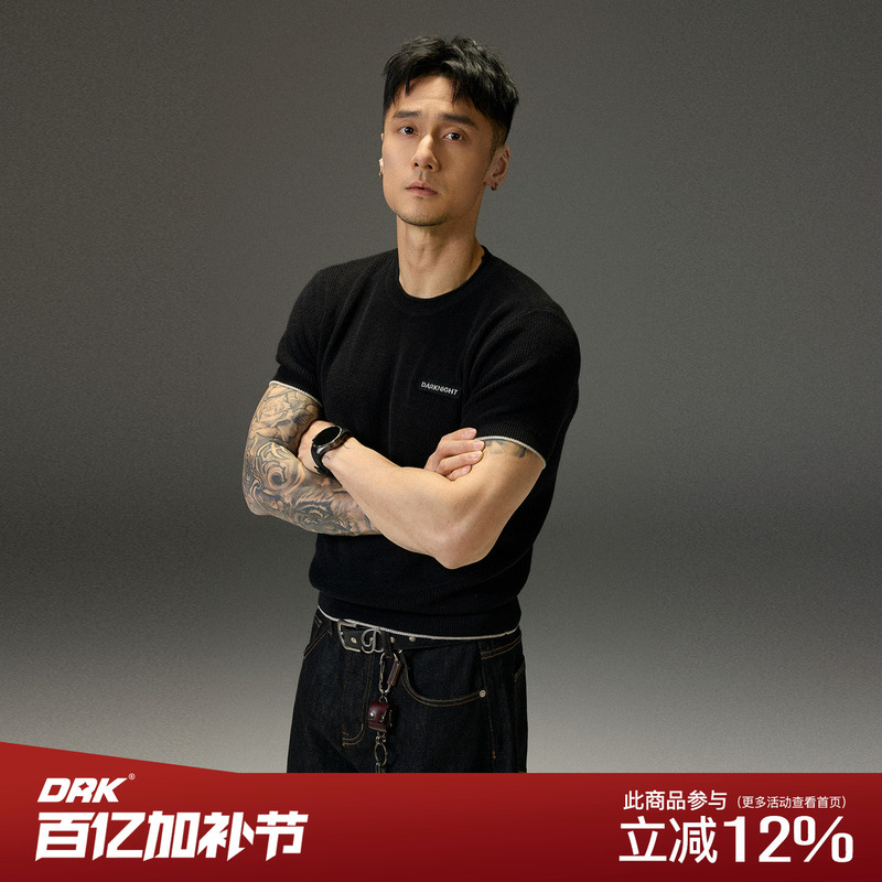 Drk【Mu】Patchwork Round Neck Woolen Short-Sleeved T-Shirt for Women 2026 New Summer Half-Sleeved Top for Men Casual Tee