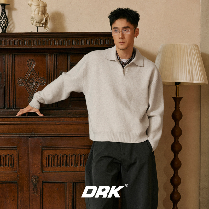 Drk【Mu】Jiang Jingfu's Same Style Embroidered Polo Sweater for Men, High-End Autumn and Winter Cleanfit Knit Top